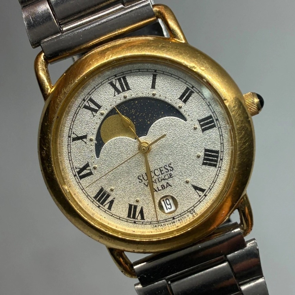 Vintage Seiko Alba Success Moon Phase V338-6010 Men's Watch 32mm-WORKING!